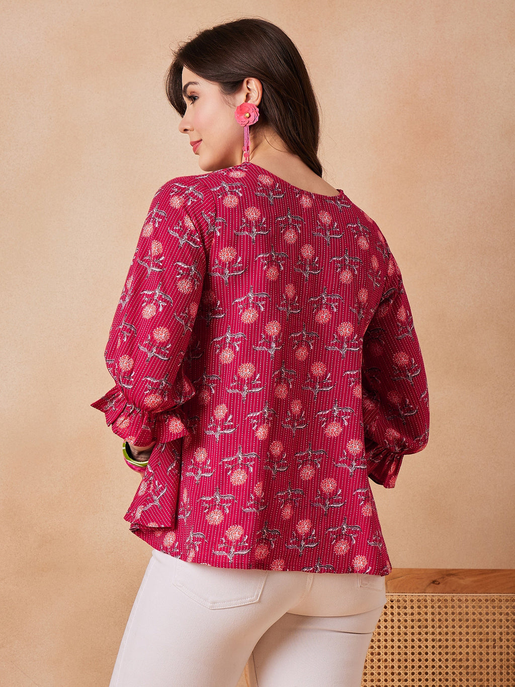 InWeave Red Kantha Floral Print Front Pintex Top | Grocsy