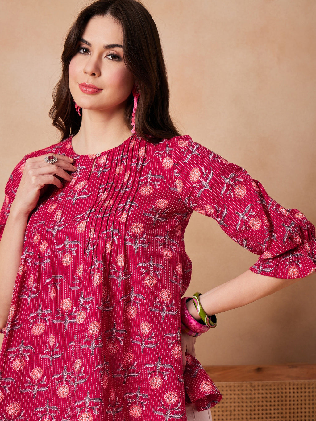 InWeave Red Kantha Floral Print Front Pintex Top | Grocsy