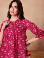 InWeave Red Kantha Floral Print Front Pintex Top | Grocsy