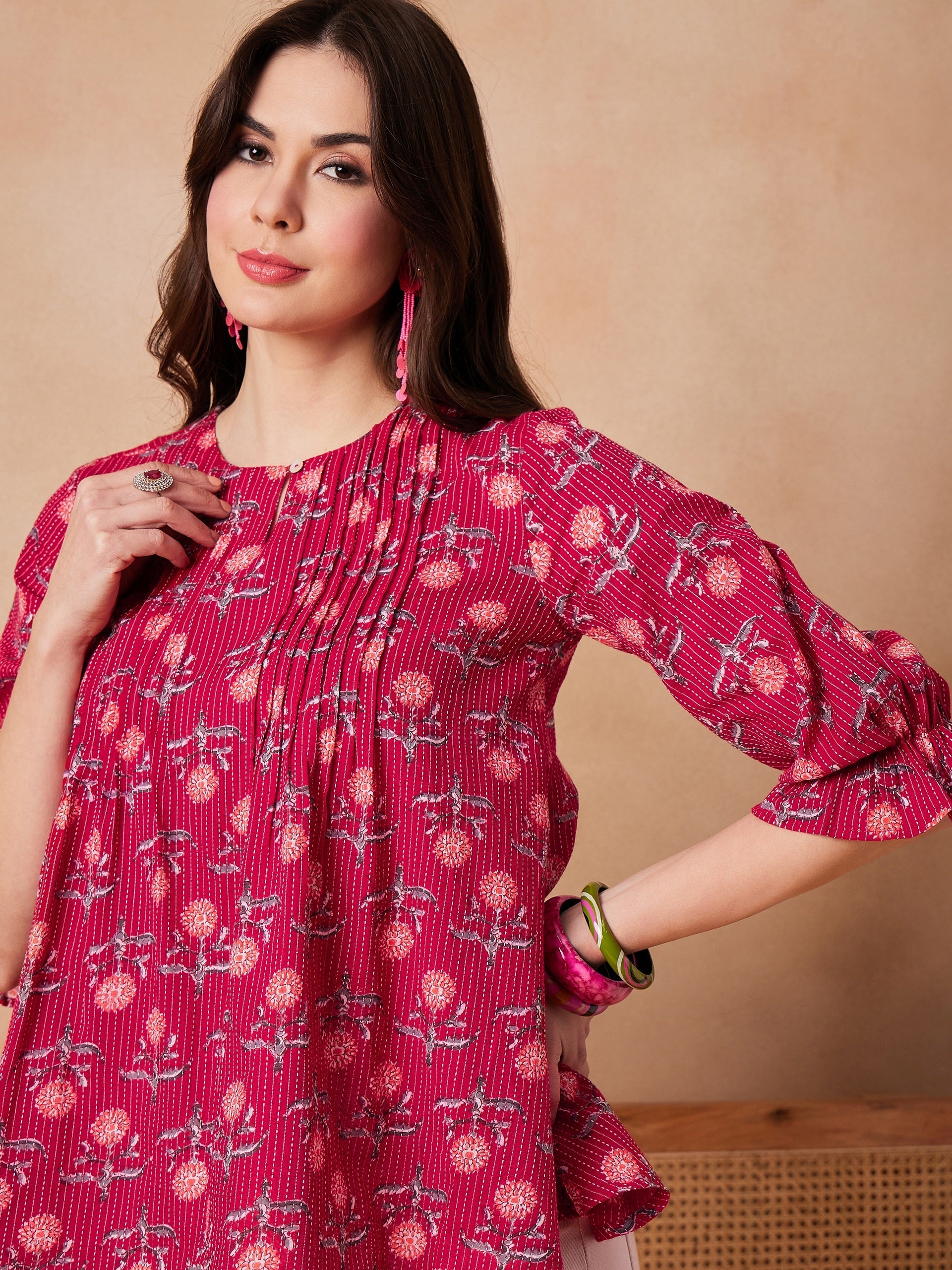 InWeave Red Kantha Floral Print Front Pintex Top | Grocsy