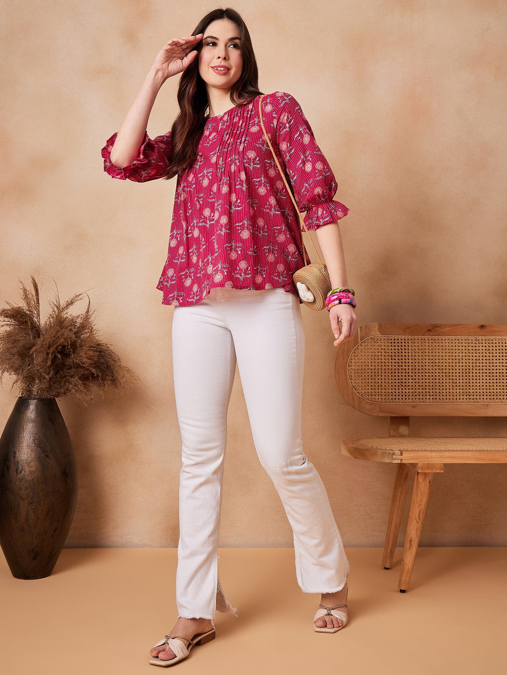 InWeave Red Kantha Floral Print Front Pintex Top | Grocsy