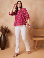 InWeave Red Kantha Floral Print Front Pintex Top | Grocsy