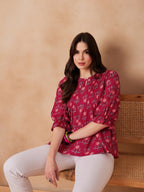 InWeave Red Kantha Floral Print Front Pintex Top | Grocsy