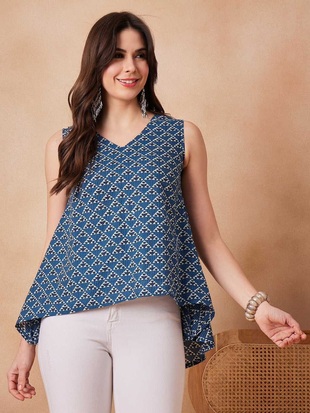 InWeave Blue Pyramid Kantha High Low W/S Top | Grocsy