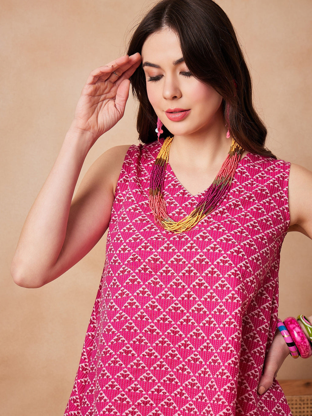 InWeave Pink Pyramid Kantha High Low W/S Top | Grocsy