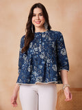 InWeave Indigo Floral Mandarin Neck Button Top | Grocsy