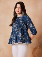 InWeave Indigo Floral Mandarin Neck Button Top | Grocsy