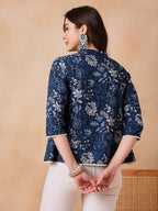 InWeave Indigo Floral Mandarin Neck Button Top | Grocsy