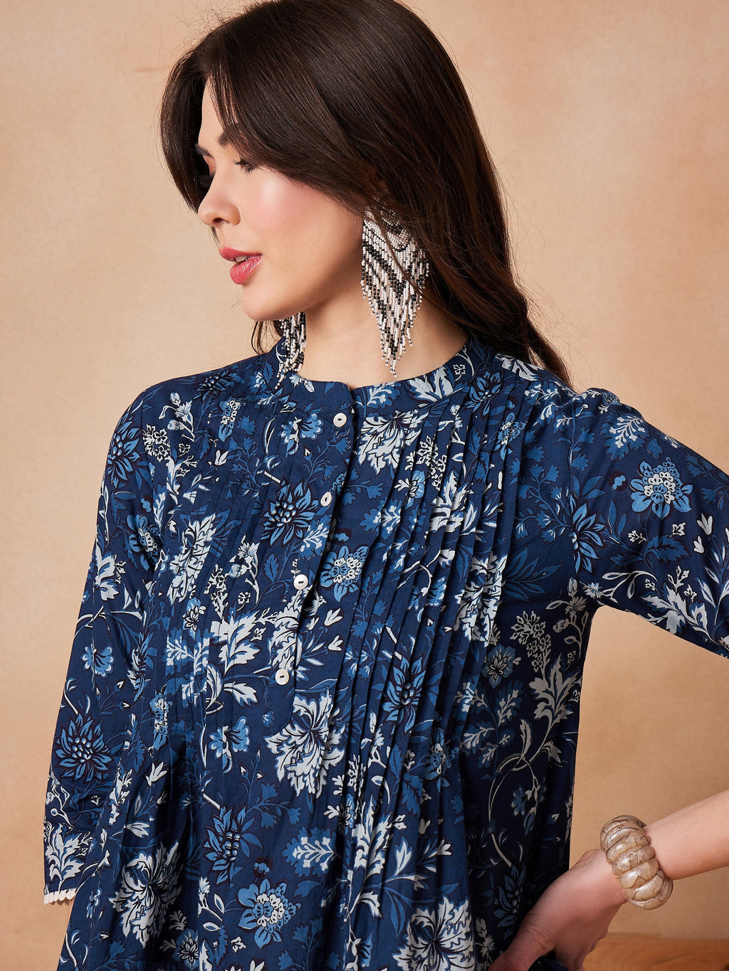 InWeave Indigo Floral Mandarin Neck Button Top | Grocsy