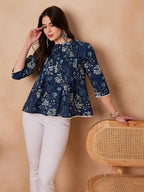 InWeave Indigo Floral Mandarin Neck Button Top | Grocsy