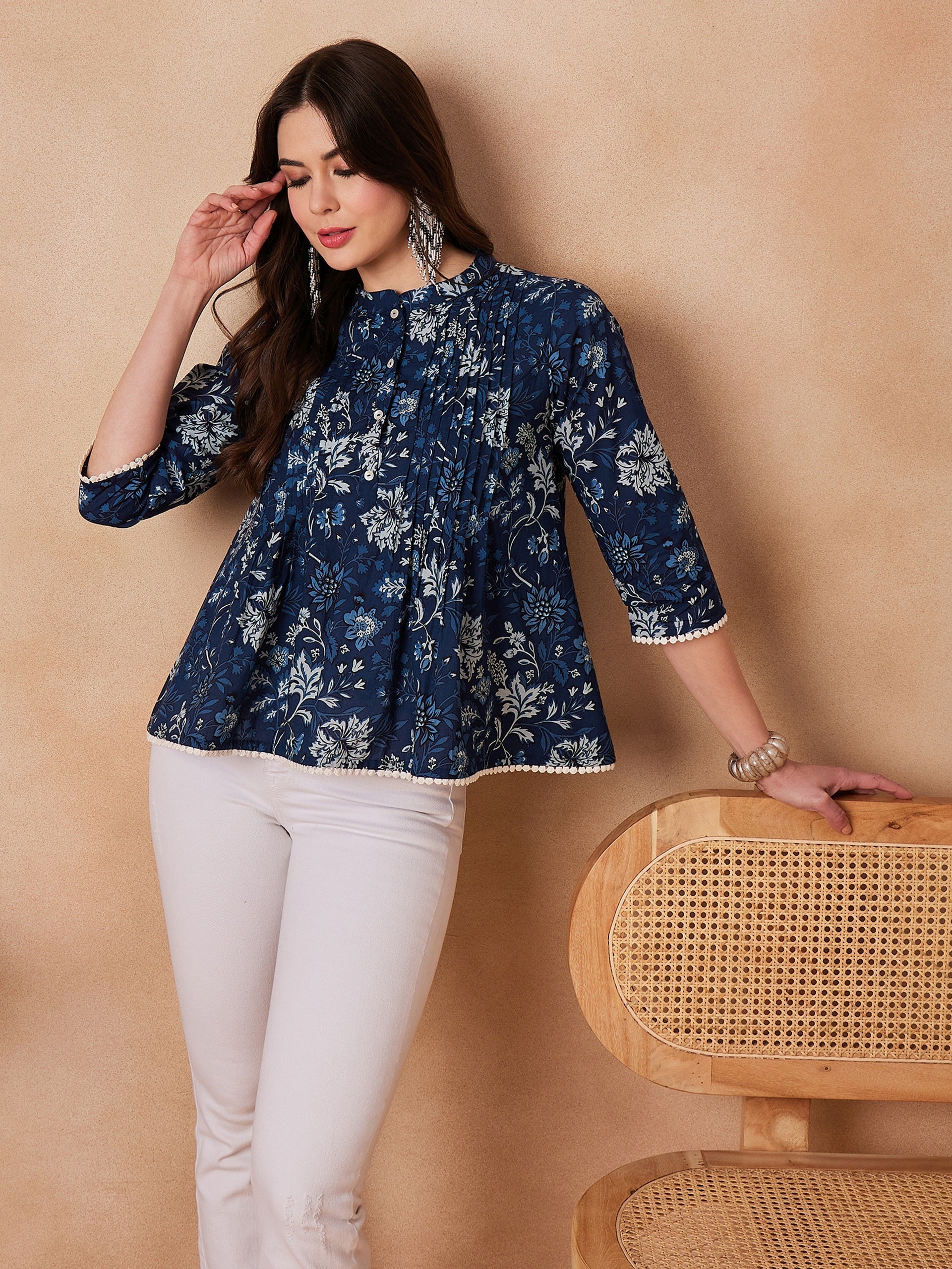 InWeave Indigo Floral Mandarin Neck Button Top | Grocsy