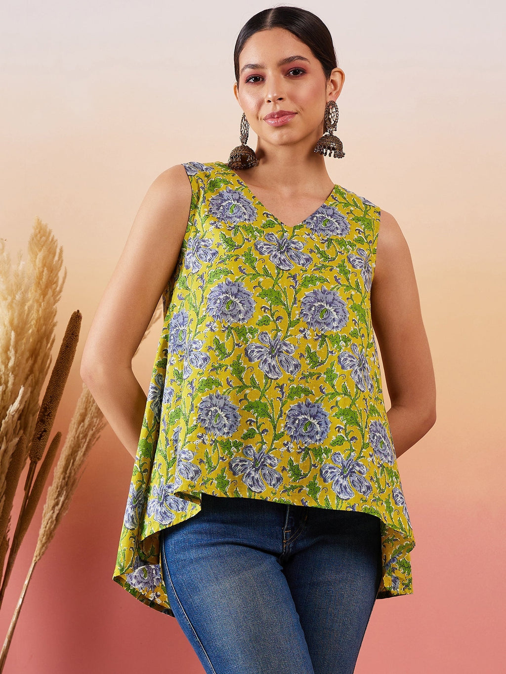 InWeave Sunset Yellow Floral Print V Neck W/S Top | Grocsy