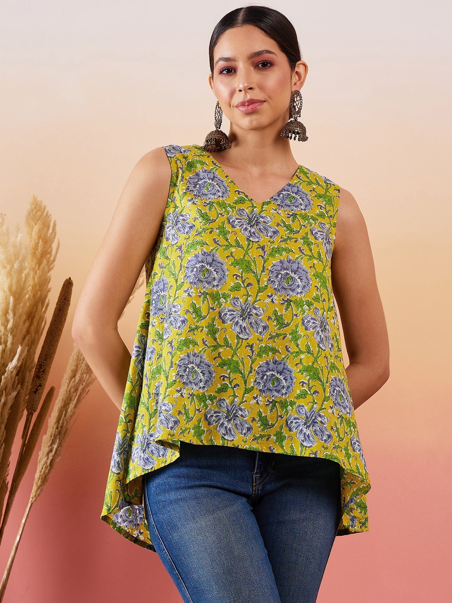InWeave Sunset Yellow Floral Print V Neck W/S Top | Grocsy