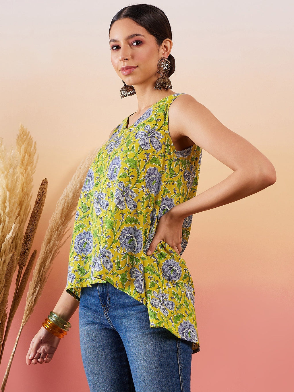 InWeave Sunset Yellow Floral Print V Neck W/S Top | Grocsy