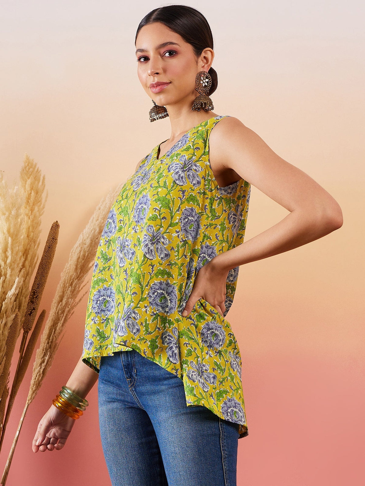 InWeave Sunset Yellow Floral Print V Neck W/S Top | Grocsy