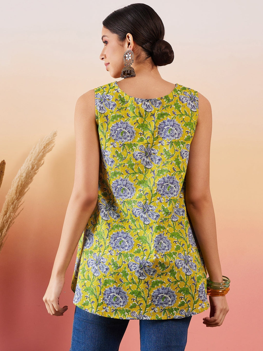 InWeave Sunset Yellow Floral Print V Neck W/S Top | Grocsy