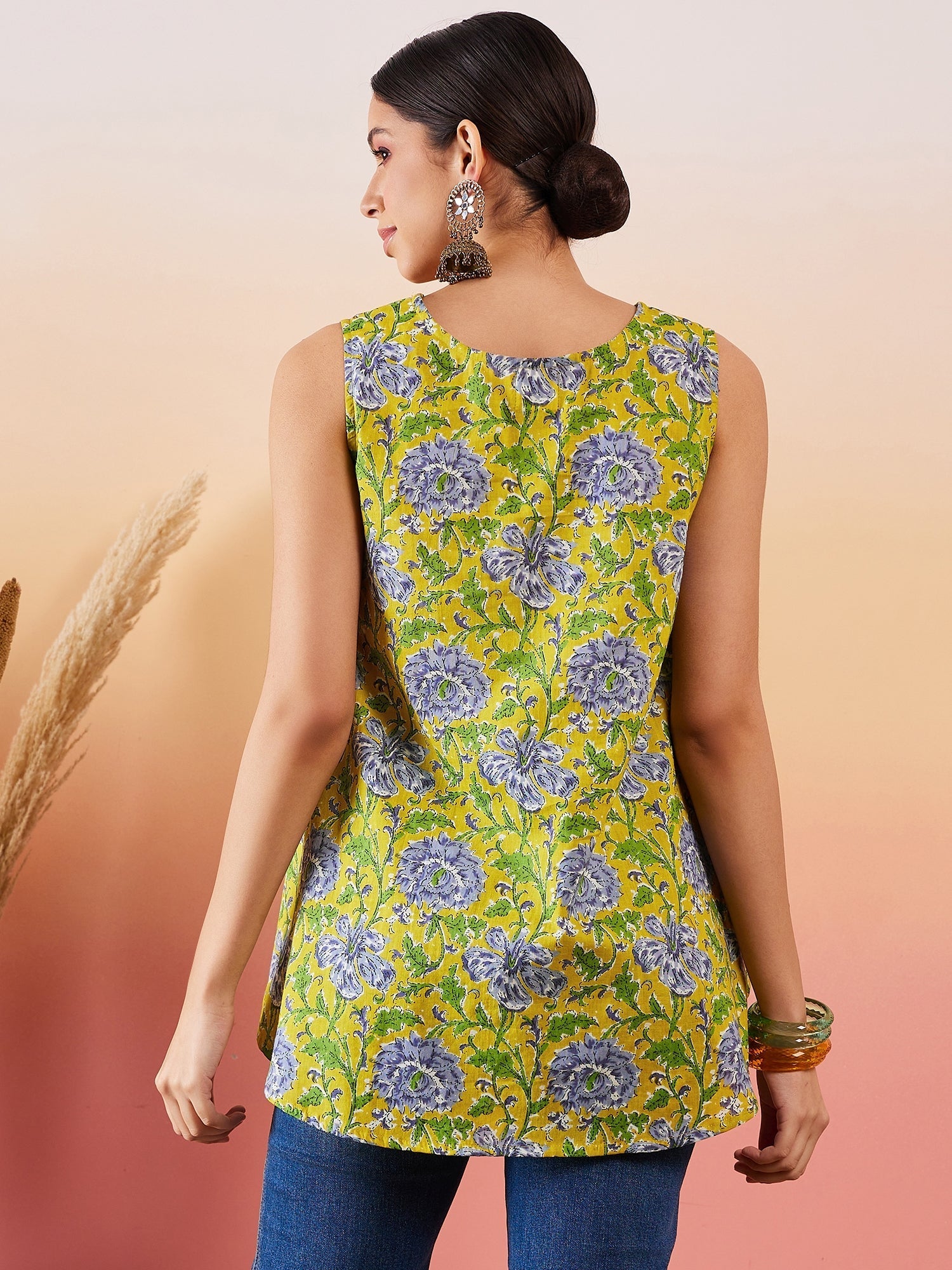 InWeave Sunset Yellow Floral Print V Neck W/S Top | Grocsy