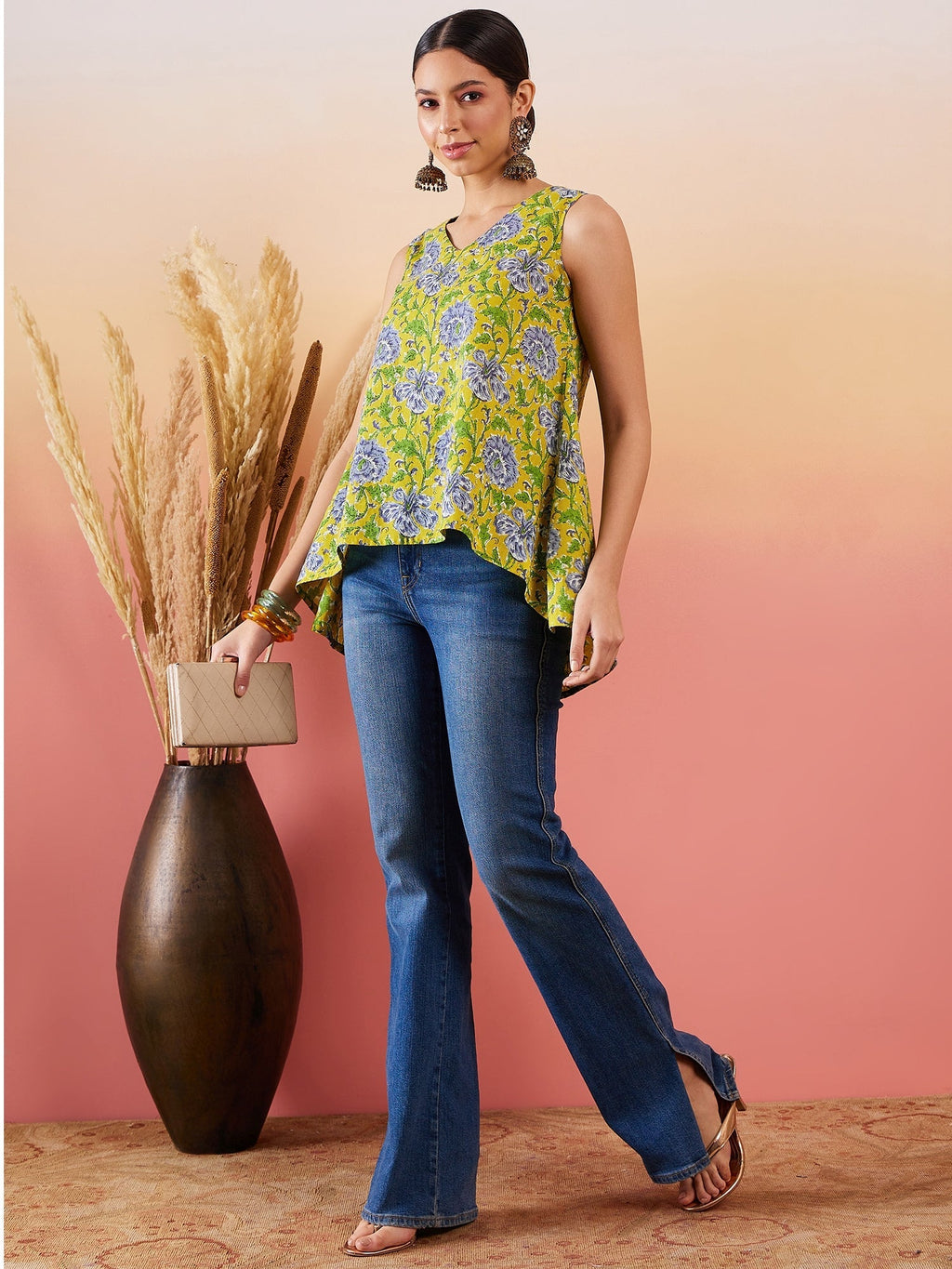 InWeave Sunset Yellow Floral Print V Neck W/S Top | Grocsy