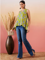 InWeave Sunset Yellow Floral Print V Neck W/S Top | Grocsy