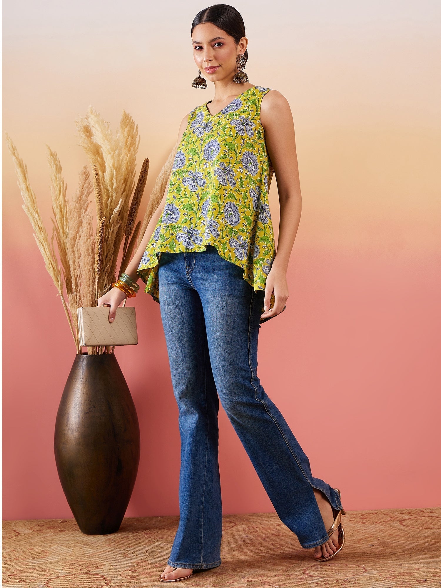 InWeave Sunset Yellow Floral Print V Neck W/S Top | Grocsy