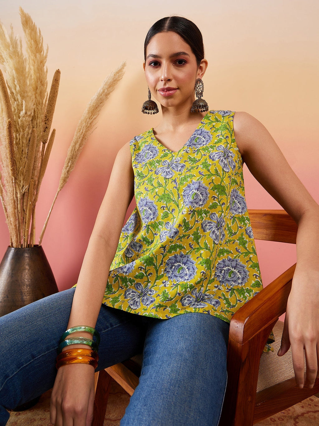 InWeave Sunset Yellow Floral Print V Neck W/S Top | Grocsy