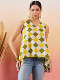 InWeave Yellow Green Geometric Print Kantha V Neck W/S Top | Grocsy
