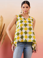 InWeave Yellow Green Geometric Print Kantha V Neck W/S Top | Grocsy