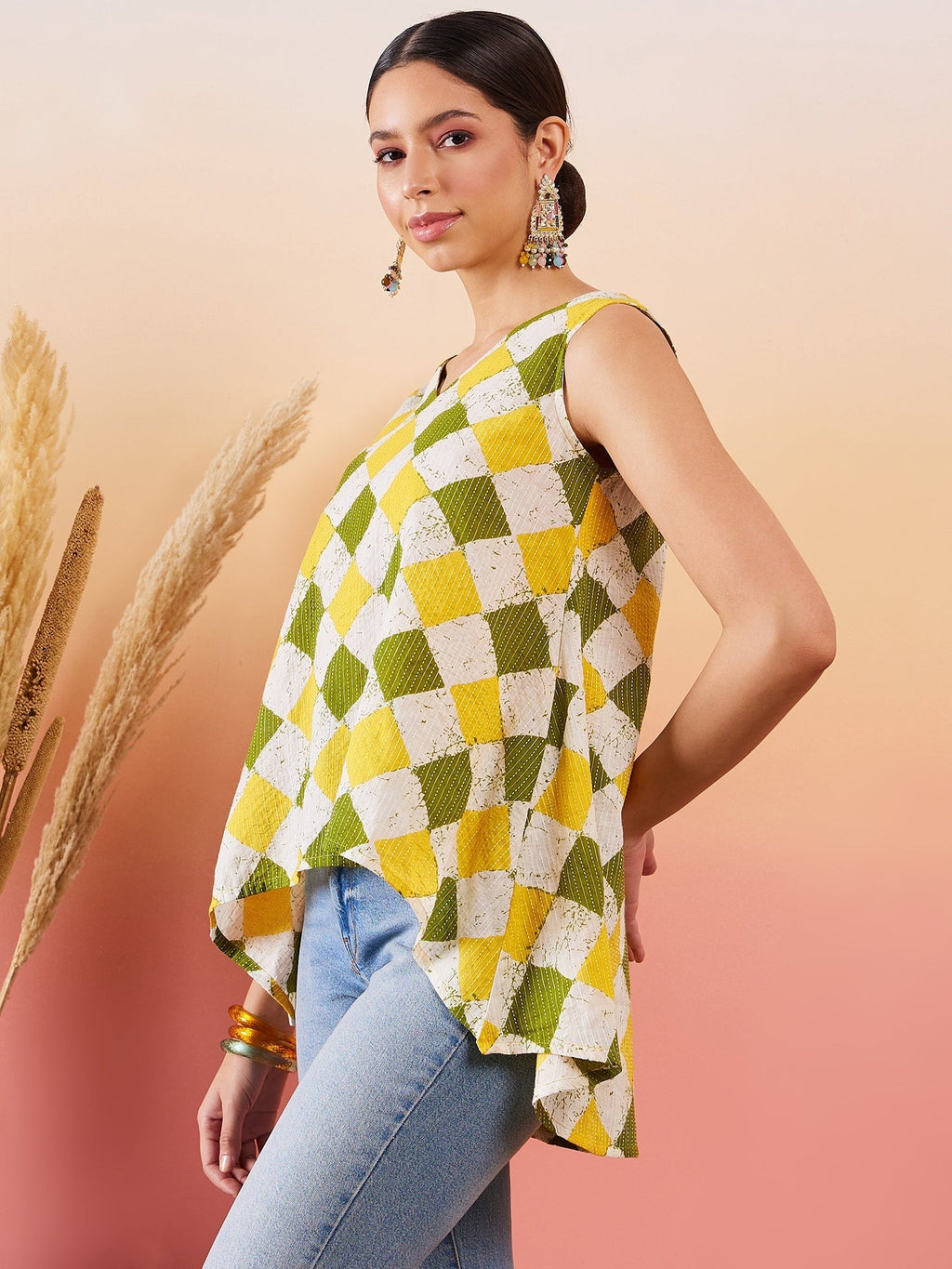InWeave Yellow Green Geometric Print Kantha V Neck W/S Top | Grocsy