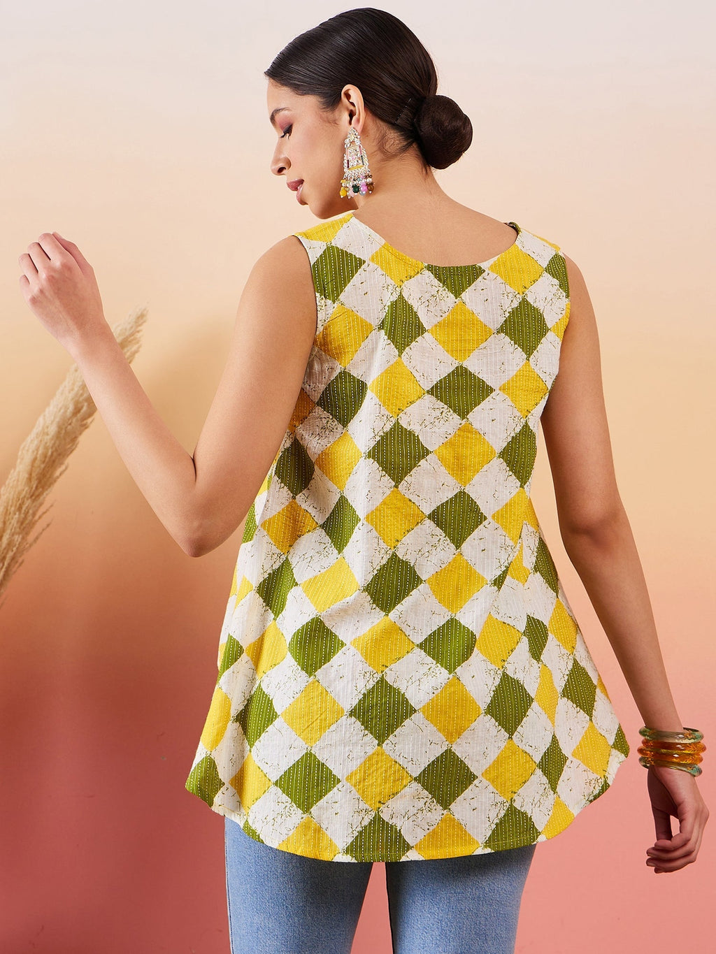 InWeave Yellow Green Geometric Print Kantha V Neck W/S Top | Grocsy