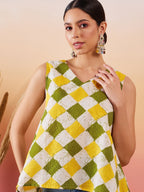 InWeave Yellow Green Geometric Print Kantha V Neck W/S Top | Grocsy