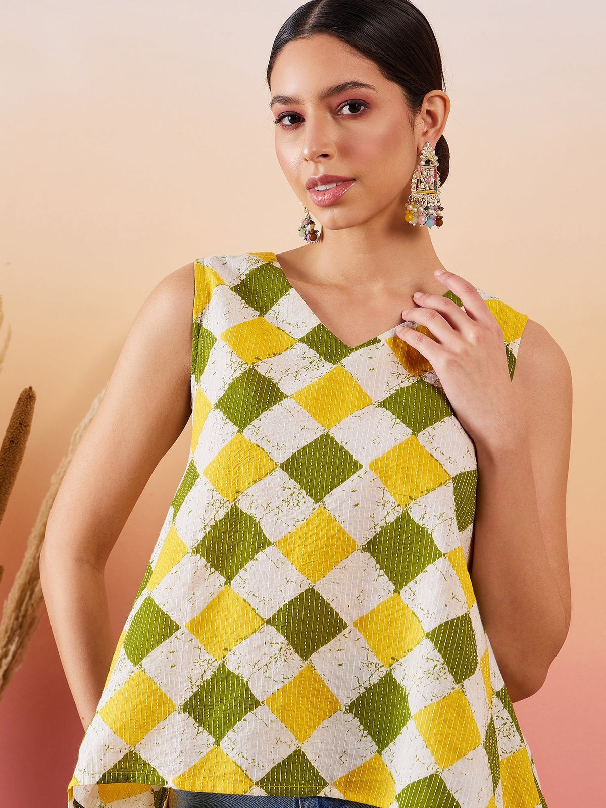 InWeave Yellow Green Geometric Print Kantha V Neck W/S Top | Grocsy
