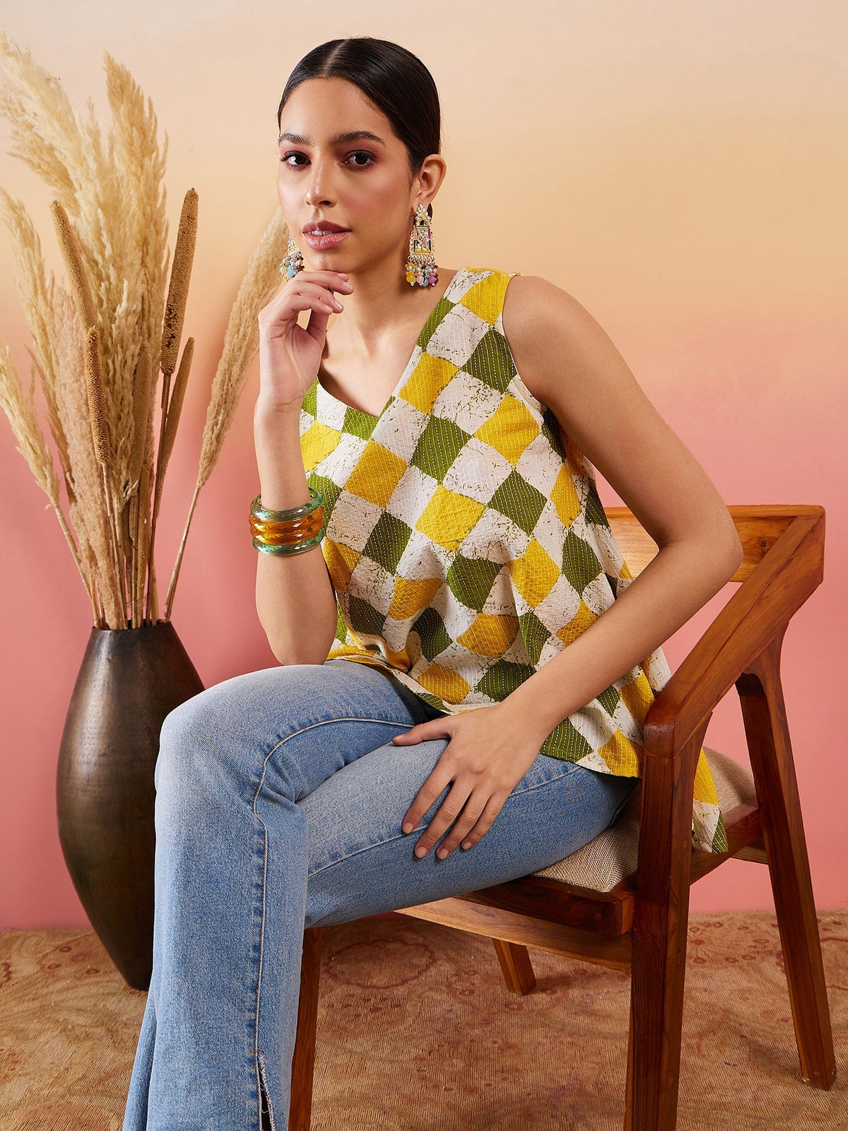 InWeave Yellow Green Geometric Print Kantha V Neck W/S Top | Grocsy
