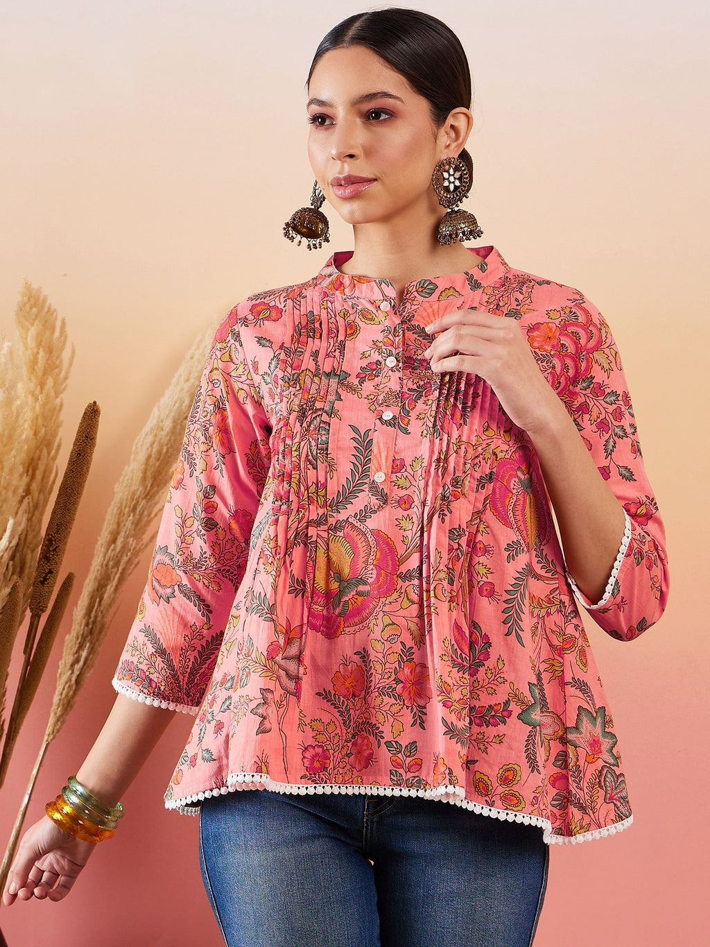 InWeave Peach Floral Print Front Pintex Lace Top | Grocsy