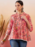 InWeave Peach Floral Print Front Pintex Lace Top | Grocsy