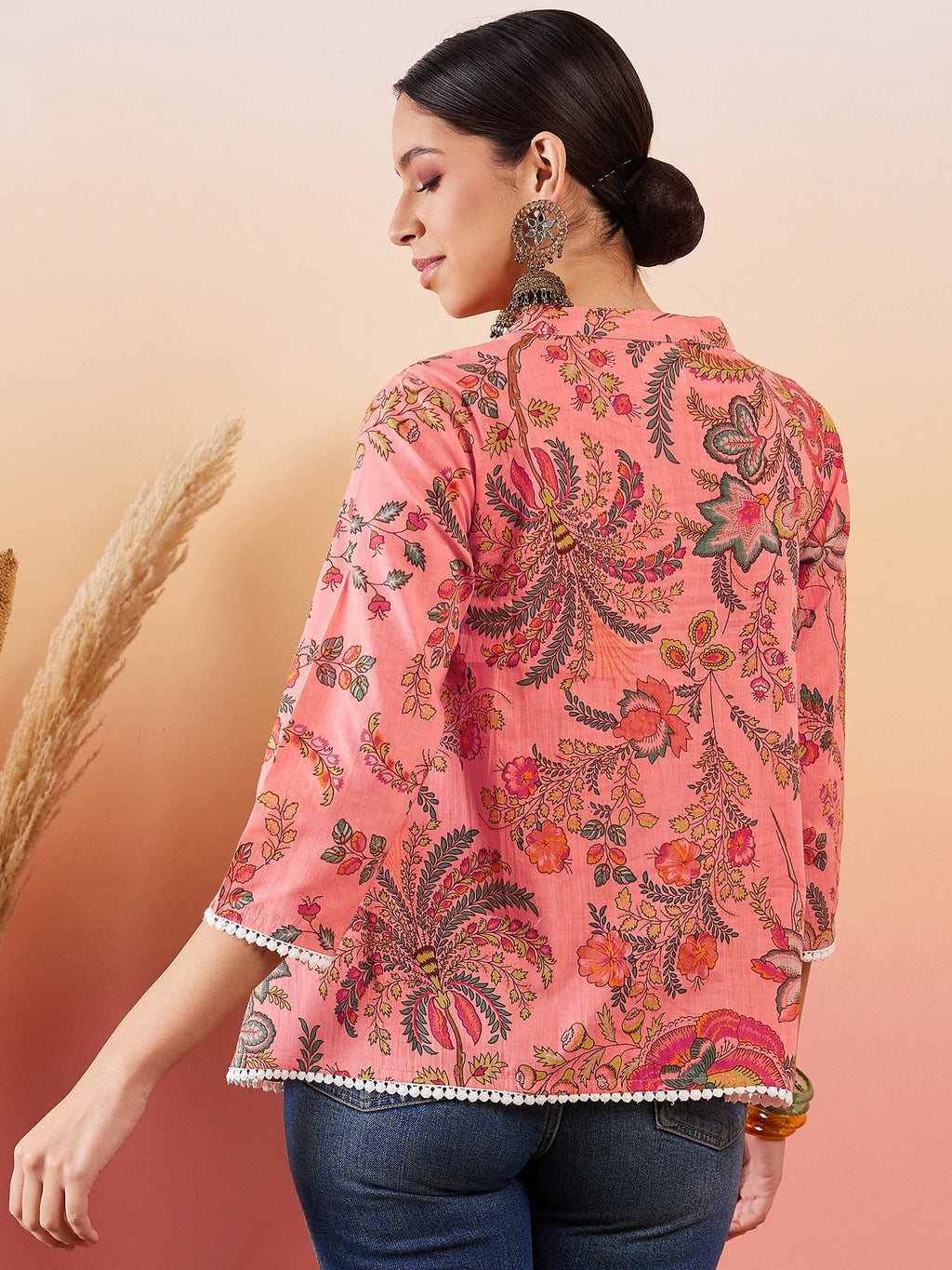 InWeave Peach Floral Print Front Pintex Lace Top | Grocsy