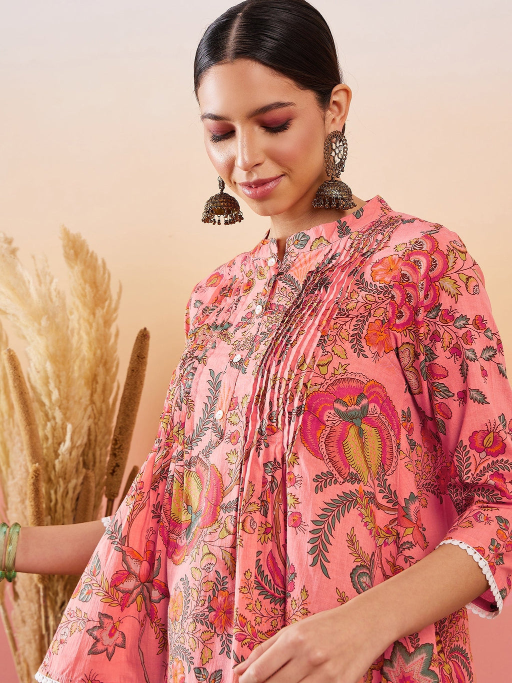 InWeave Peach Floral Print Front Pintex Lace Top | Grocsy