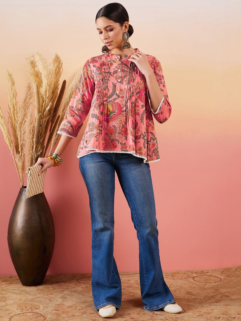 InWeave Peach Floral Print Front Pintex Lace Top | Grocsy