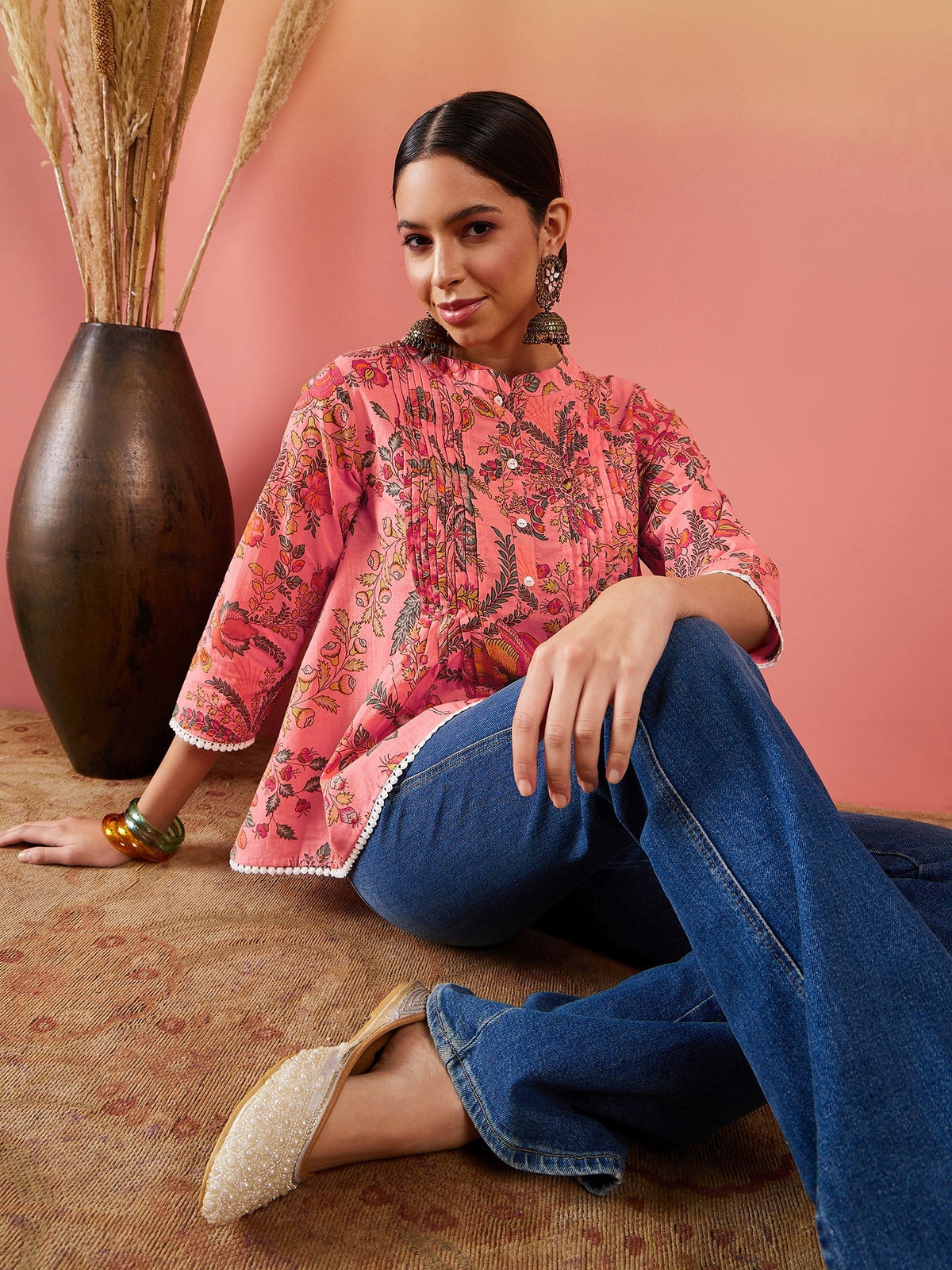 InWeave Peach Floral Print Front Pintex Lace Top | Grocsy