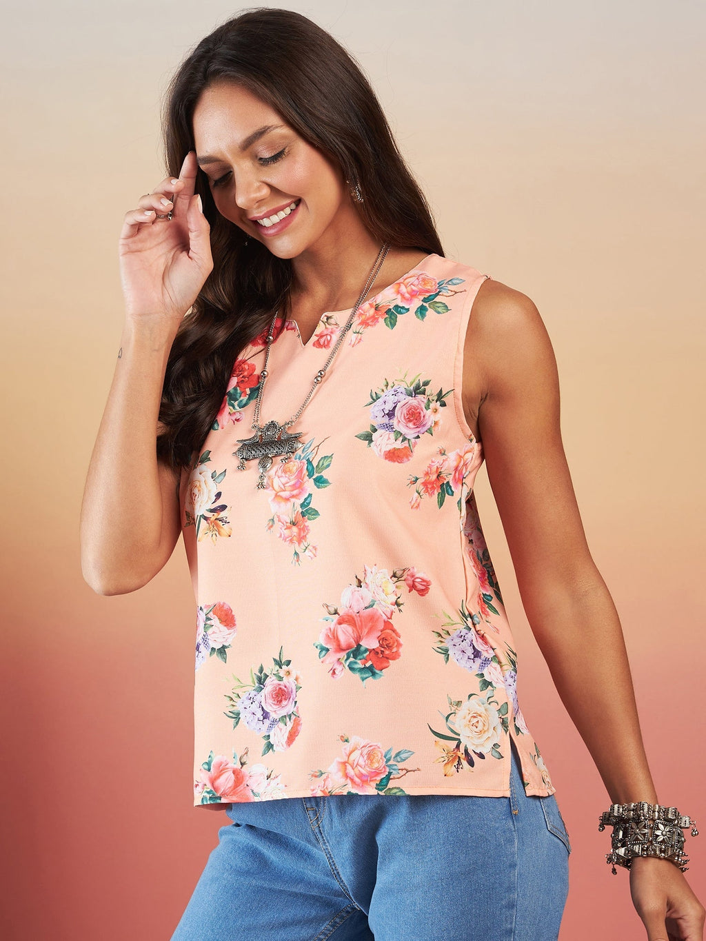 InWeave Peach Rose Print W/S Top | Grocsy