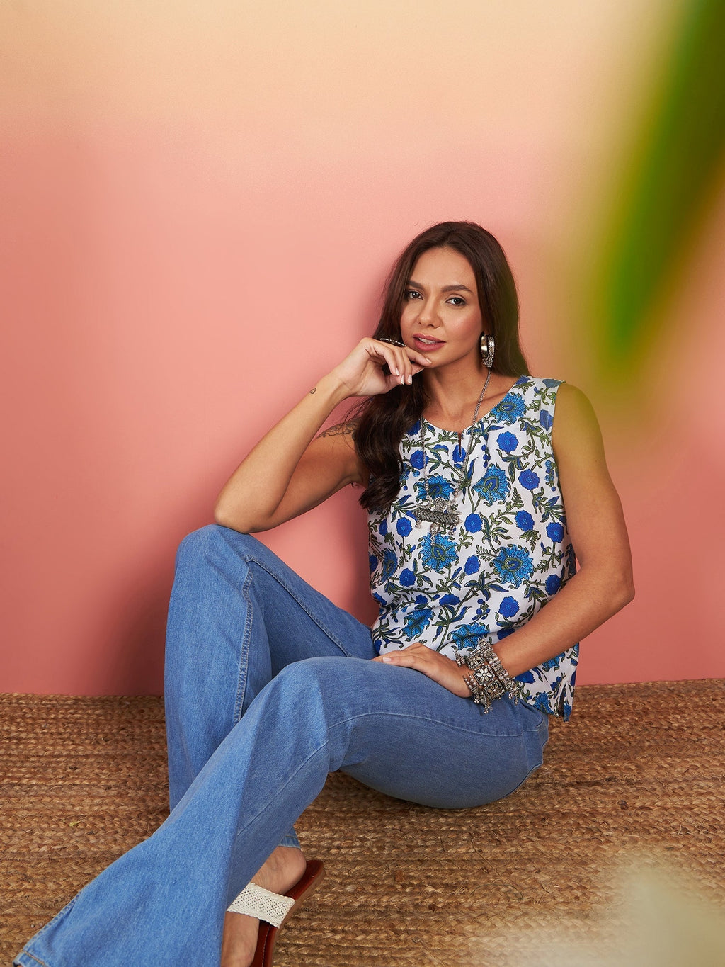 InWeave White Blue Floral Jaal Print W/S Top | Grocsy