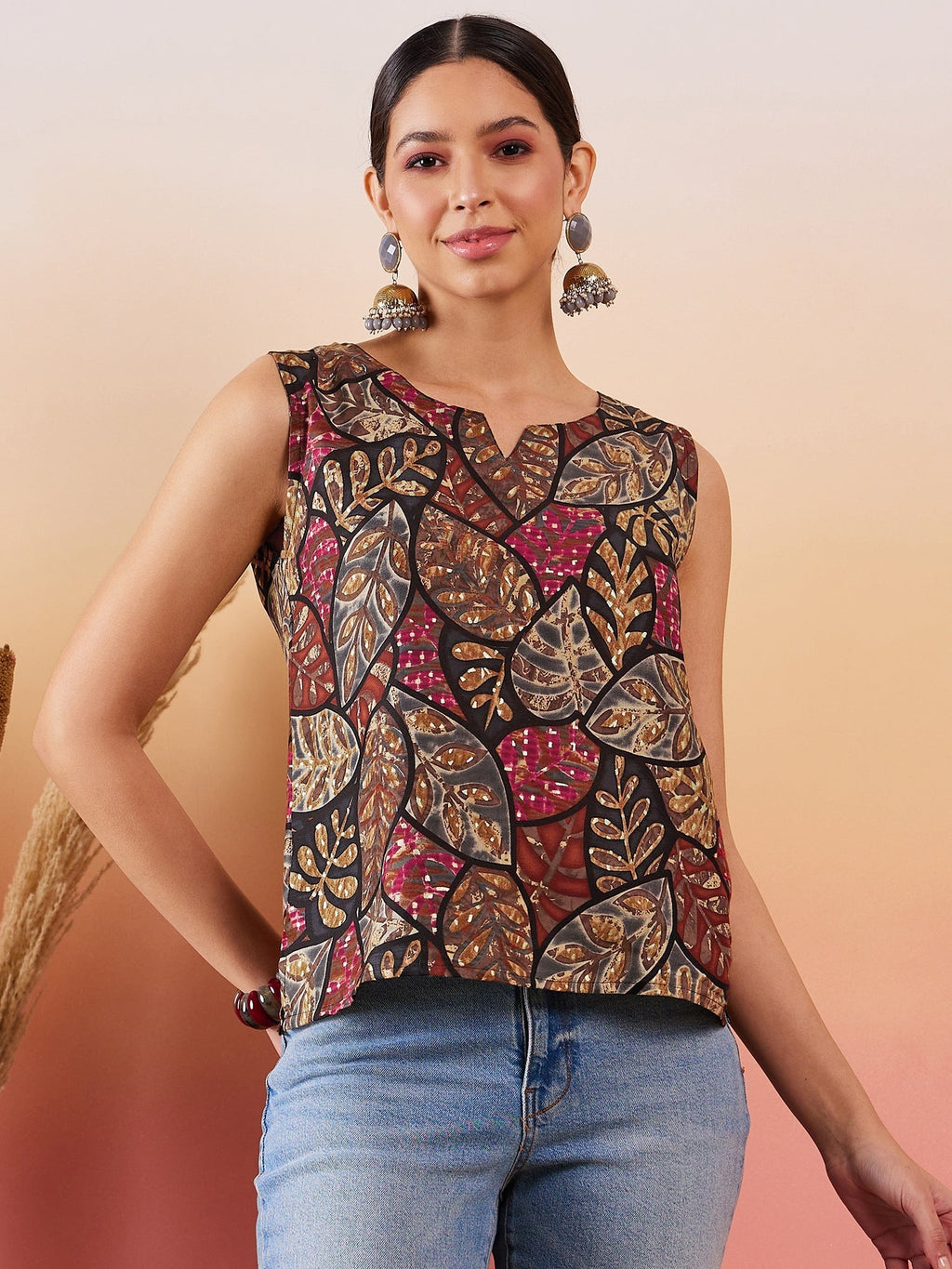InWeave Black Grey Leaf Print Foil W/S Top | Grocsy