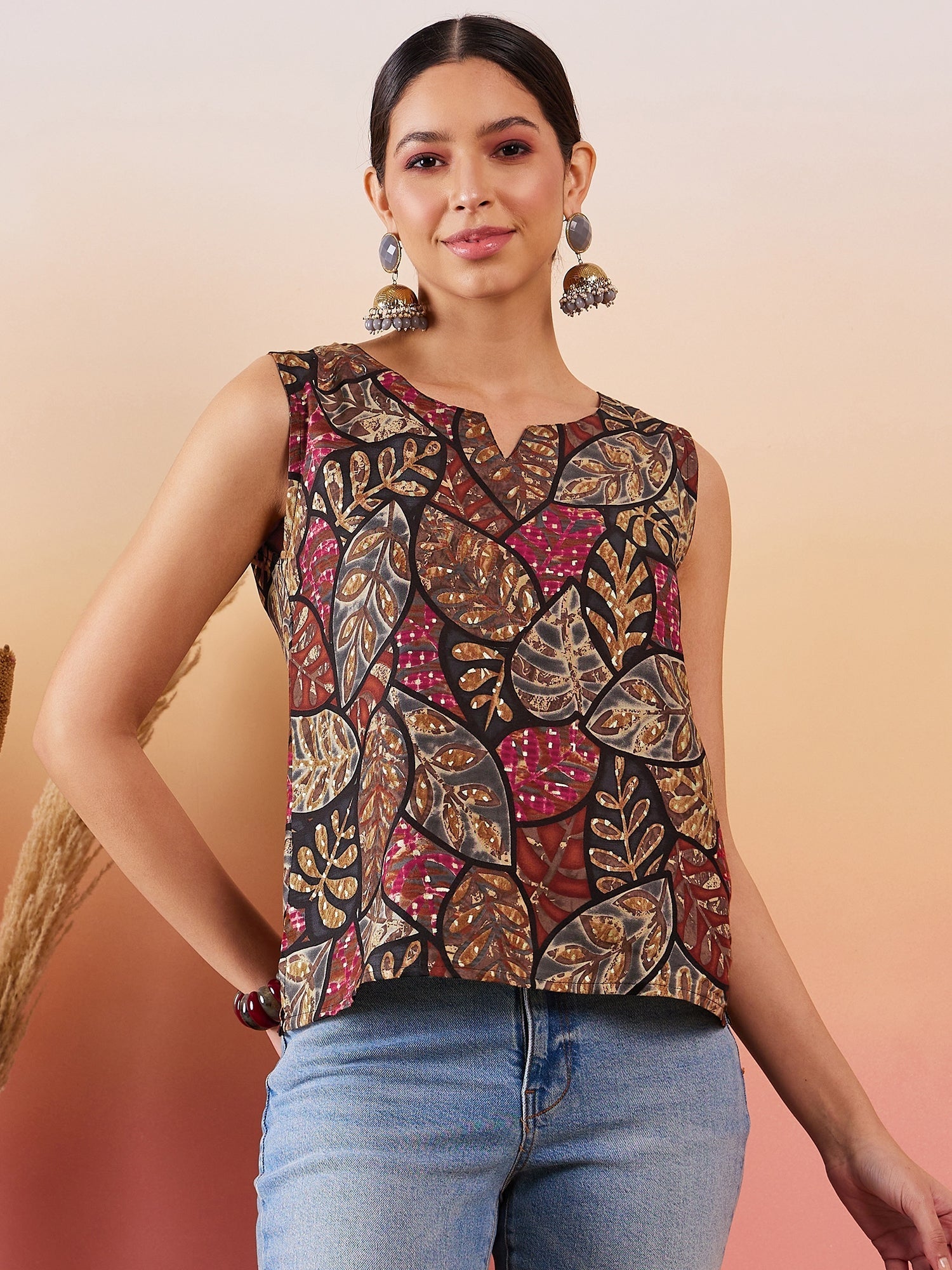 InWeave Black Grey Leaf Print Foil W/S Top | Grocsy