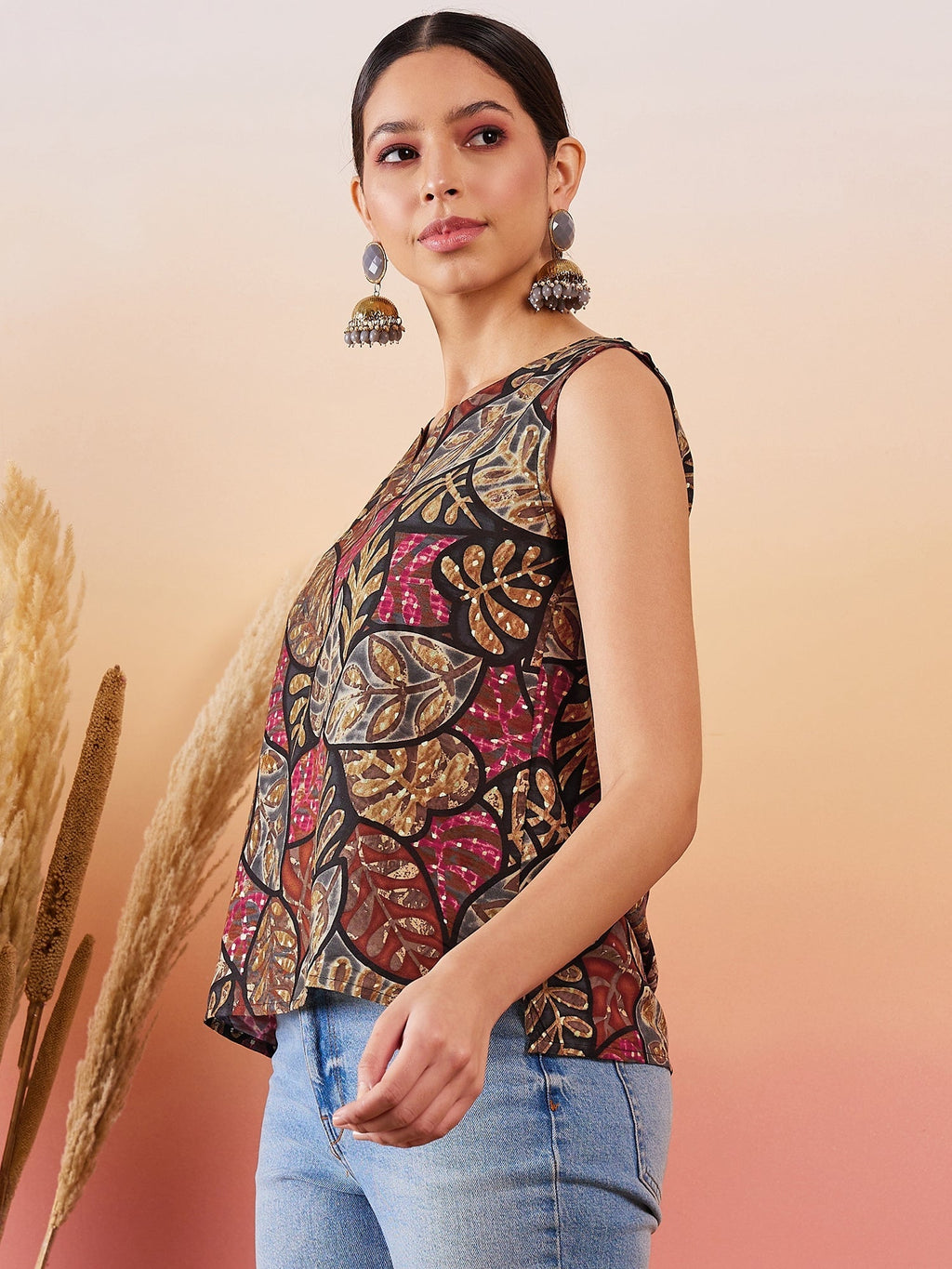 InWeave Black Grey Leaf Print Foil W/S Top | Grocsy