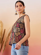 InWeave Black Grey Leaf Print Foil W/S Top | Grocsy