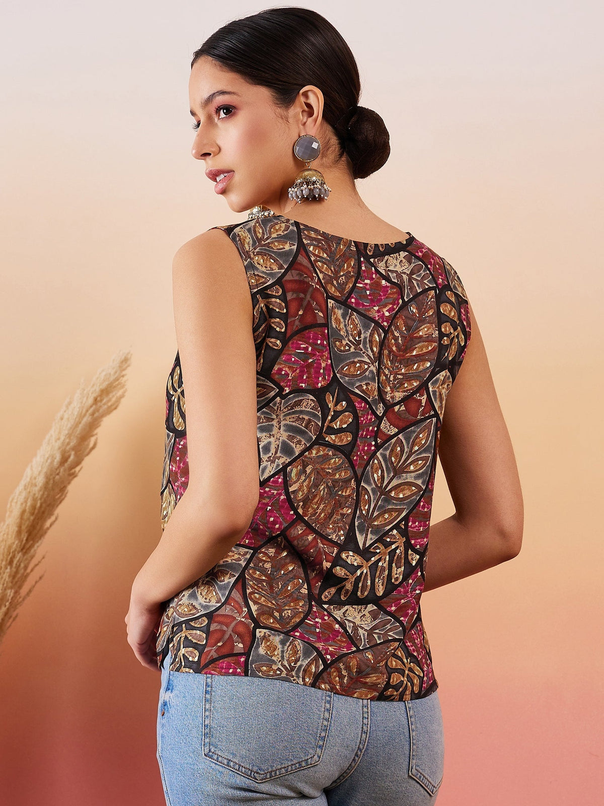InWeave Black Grey Leaf Print Foil W/S Top | Grocsy