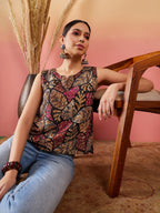 InWeave Black Grey Leaf Print Foil W/S Top | Grocsy