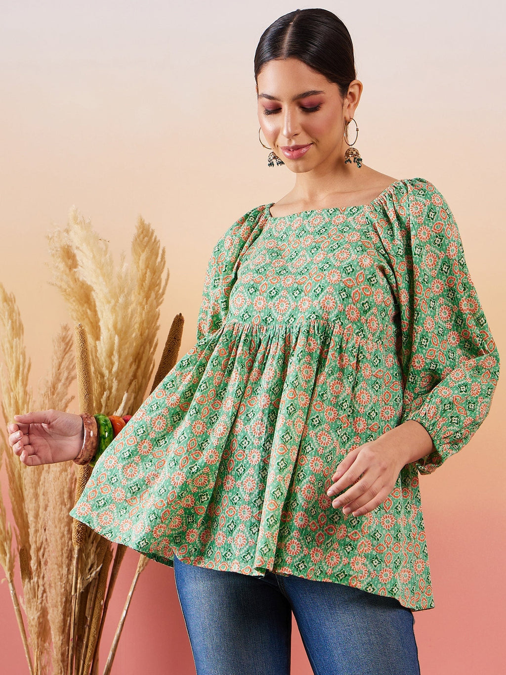 InWeave Cool Green Kantha Print Cold Shoulder Top | Grocsy