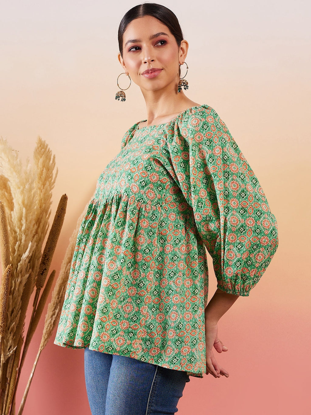 InWeave Cool Green Kantha Print Cold Shoulder Top | Grocsy