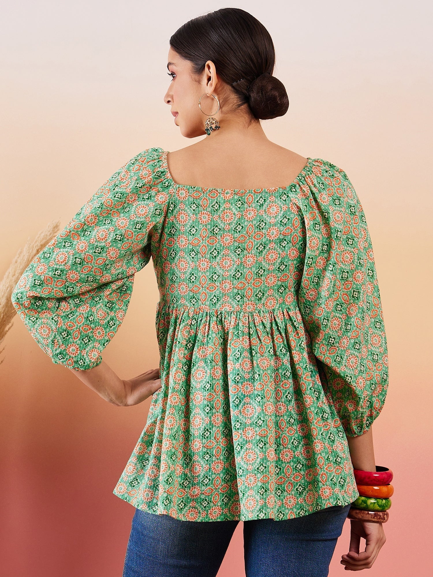 InWeave Cool Green Kantha Print Cold Shoulder Top | Grocsy