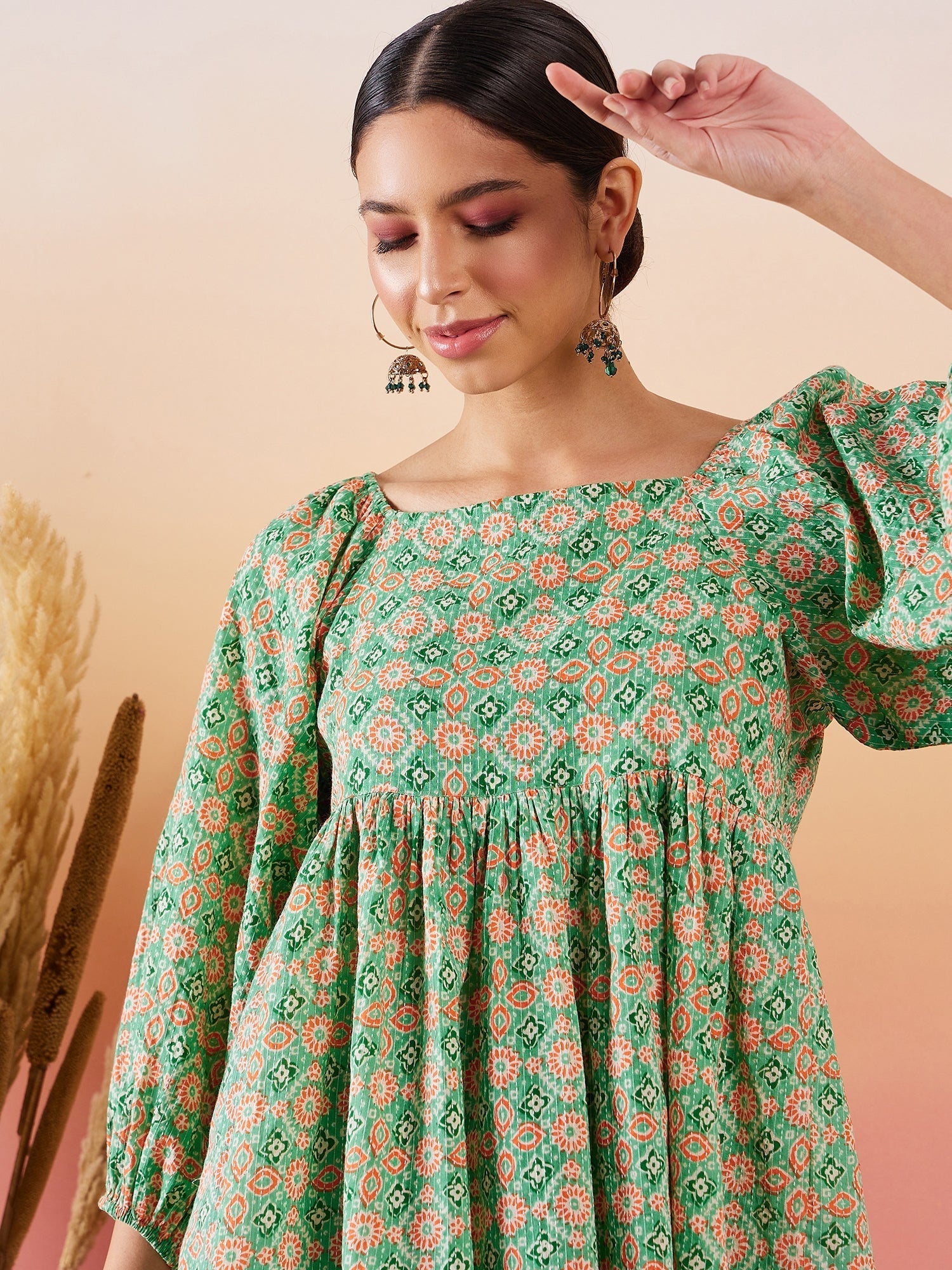 InWeave Cool Green Kantha Print Cold Shoulder Top | Grocsy